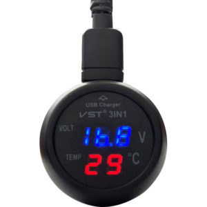 Βολτόμετρο, Θερμόμετρο Και Φορτιστής Αυτοκινήτου Με USB Μαύρο Με Κόκκινα Και Μπλε Νούμερα 1Τμχ