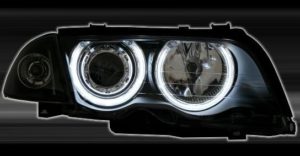Φανάρια εμπρός angel eyes με CCFL για BMW E46 sedan (1998-2001) – μαύρα , με λάμπες (Η1) – σετ 2τμχ.