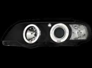 Φανάρια εμπρός angel eyes για BMW X5 (1999-2003) – μαύρα , με λάμπες (Η1) – σετ 2τμχ.