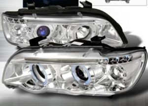 Φανάρια εμπρός angel eyes για BMW X5 E53 (1999-2003) – chrome , με λάμπες (Η1) – σετ 2τμχ.