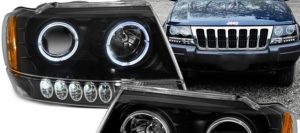 Φανάρια εμπρός led angel eyes για Jeep Grand Cherokee (1999-2005) – μαύρα , χωρίς λάμπες (Η7) – σετ 2τμχ.