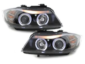 Φανάρια εμπρός angel eyes για BMW E90 (2005-2008) – μαύρα , με λάμπες (Η1) – σετ 2τμχ.