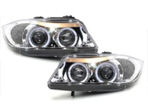 Φανάρια εμπρός angel eyes για BMW E90 (2005+) – chrome , με λάμπες (Η1) – σετ 2τμχ.