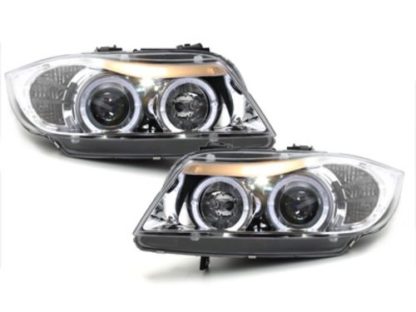 Φανάρια εμπρός angel eyes για BMW E90 (2005+) - chrome , με λάμπες (Η1) - σετ 2τμχ.