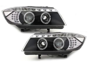 Φανάρια εμπρός led angel eyes για BMW E90(2005-2008) – black , με λάμπες (Η1) – σετ 2τμχ.