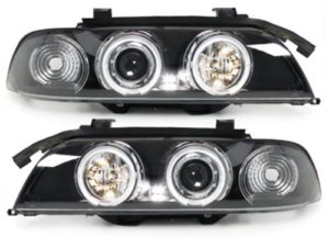 Φανάρια εμπρός angel eyes για BMW E39 (1995-2003) – μαύρα , με λάμπες (Η1) – σετ 2τμχ.