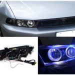 Φανάρια εμπρός led angel eyes για Mitsubishi Galant (1996-2006) - μαύρα , με λάμπες (Η1) - σετ 2τμχ.