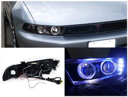 Φανάρια εμπρός led angel eyes για Mitsubishi Galant (1996-2006) - μαύρα , με λάμπες (Η1) - σετ 2τμχ.