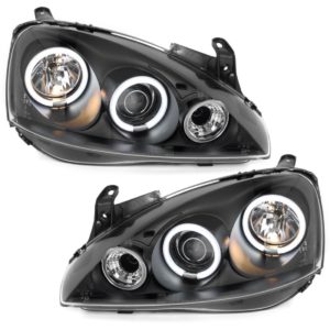 Φανάρια εμπρός angel eyes για Opel Corsa C (2001-2006) – μαύρα , με λάμπες (Η1) – σετ 2τμχ.