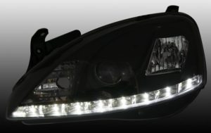 Φανάρια εμπρός led για Opel Corsa C (2001-2006) – μαύρα , με λάμπες (Η1) – σετ 2τμχ.