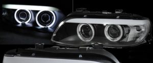 Φανάρια εμπρός angel eyes για BMW X5 (2003-2007) – μαύρα , με λάμπες (Η1) – σετ 2τμχ.