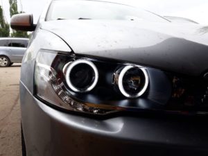 Φανάρια εμπρός led angel eyes για Mitsubishi Lancer (2008-2013) – μαύρα , με λάμπες (Η1) – σετ 2τμχ.