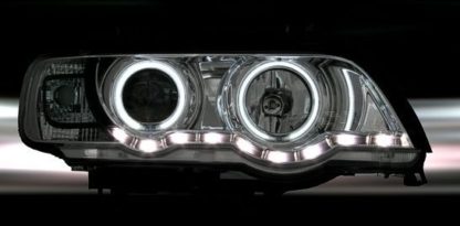 Φανάρια εμπρός με φώτα ημέρας και angel eyes για BMW X5 (1999-2003) - μαύρα , με λάμπες (Η1) - σετ 2τμχ.