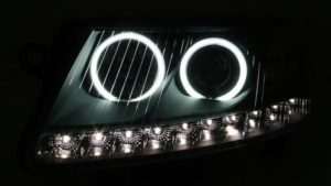 Φανάρια εμπρός angel eyes led Dayline για Audi A6 (2004-2008) – μαύρα , με λάμπες (Η1) – σετ 2τμχ.