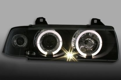 Φανάρια εμπρός angel eyes για BMW E36 (1991-1999) 4d sedan - black , με λάμπες (Η1) - σετ 2τμχ.