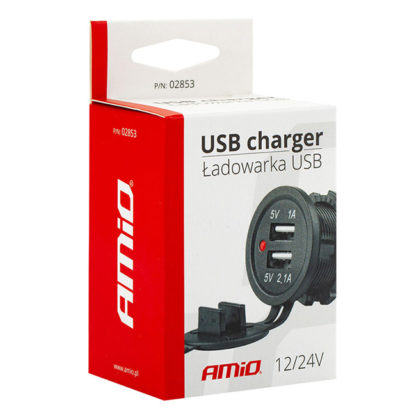 Σταθερή Θύρα Φόρτισης Usb Amio (02853) Με 2 Υποδοχές 12V & 24V Και Καπάκι 1Τμχ