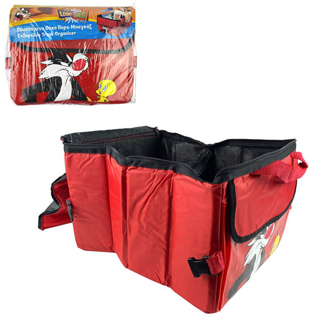 Τσάντα Οργάνωσης Πορτ-Παγκάζ Αυτοκινήτου Πτυσσόμενη Με Φερμουάρ Και Τσέπες Looney Tunes Sylvester & Tweety Κόκκινη-Μαύρη 30x39x24cm 1 Τεμάχιο