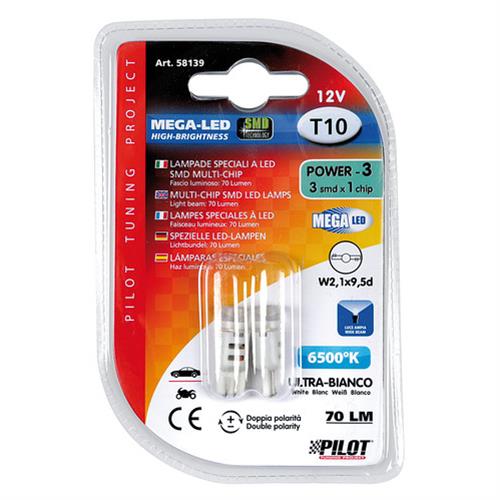 T10 W5W 12V W2,1x9,5d 70lm MEGA-LED 3 ΛΕΥΚΟ ΦΩΣ 10x27mm 2ΤΕΜ.